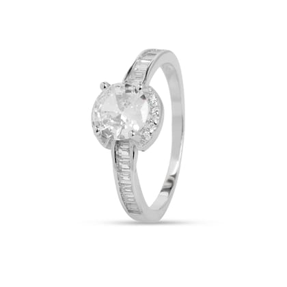 Round Solitaire Ring with Halo & Baguette Side Stones | Silver-Toned CZ Engagement Ring for Women I Weight - 3.05 gram Round Solitaire Ring with Halo & Baguette Side Stones | Silver-Toned CZ Engagement Ring for Women I Weight - 3.05 gram