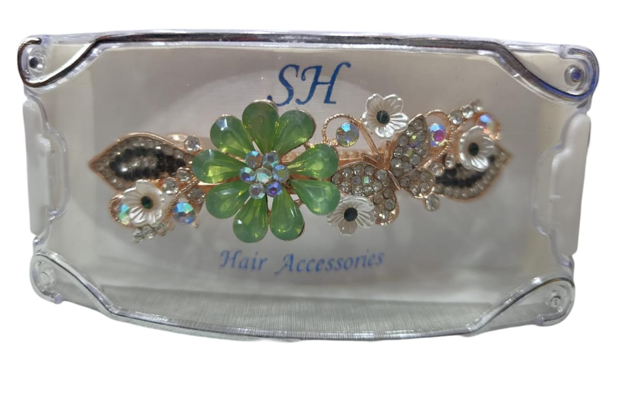 Green Rhinestone and Pearl Flower Hair Clip