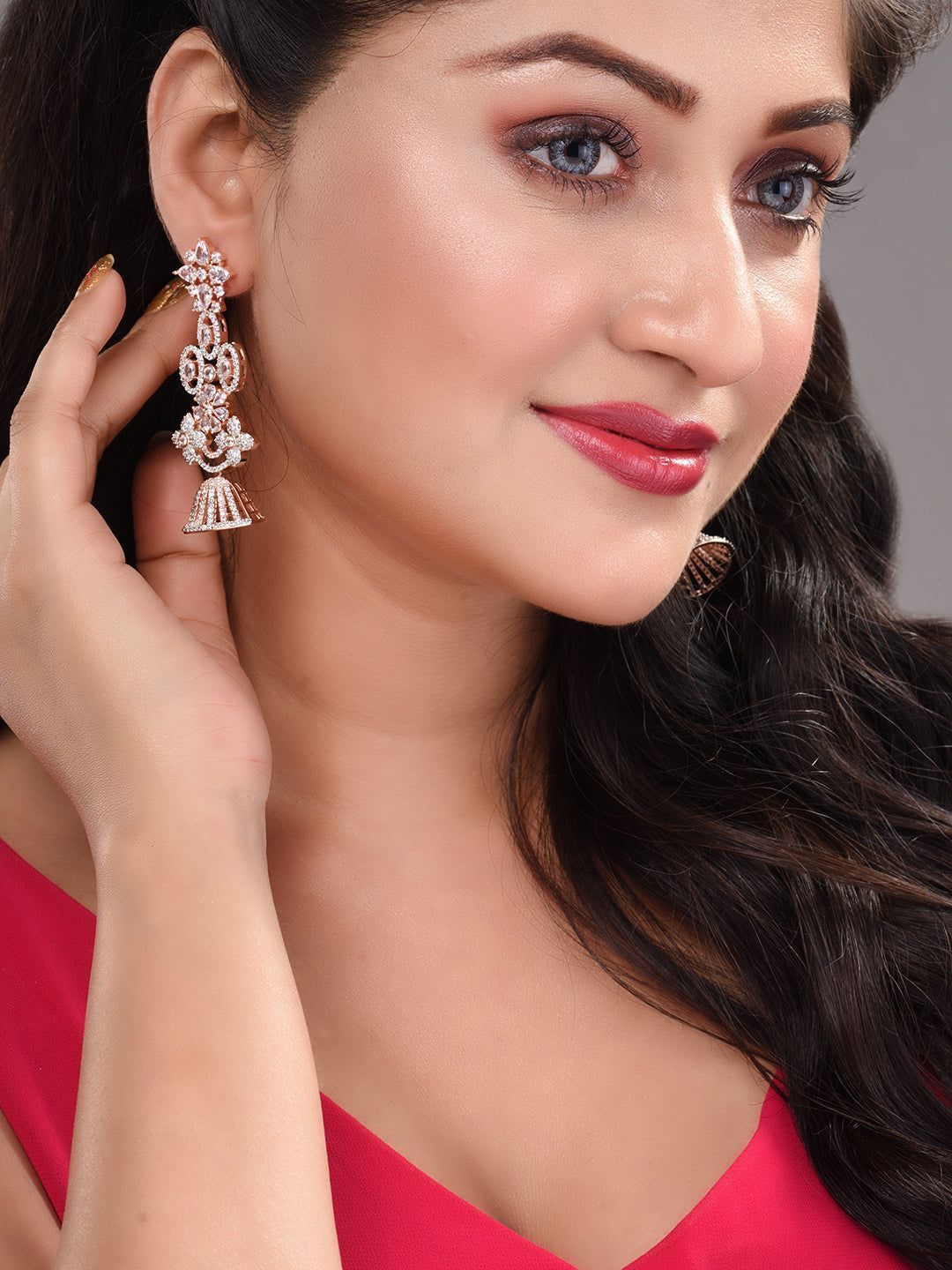 Rose Gold Plated White AD Studded Modern Floral Jhumki Earrings