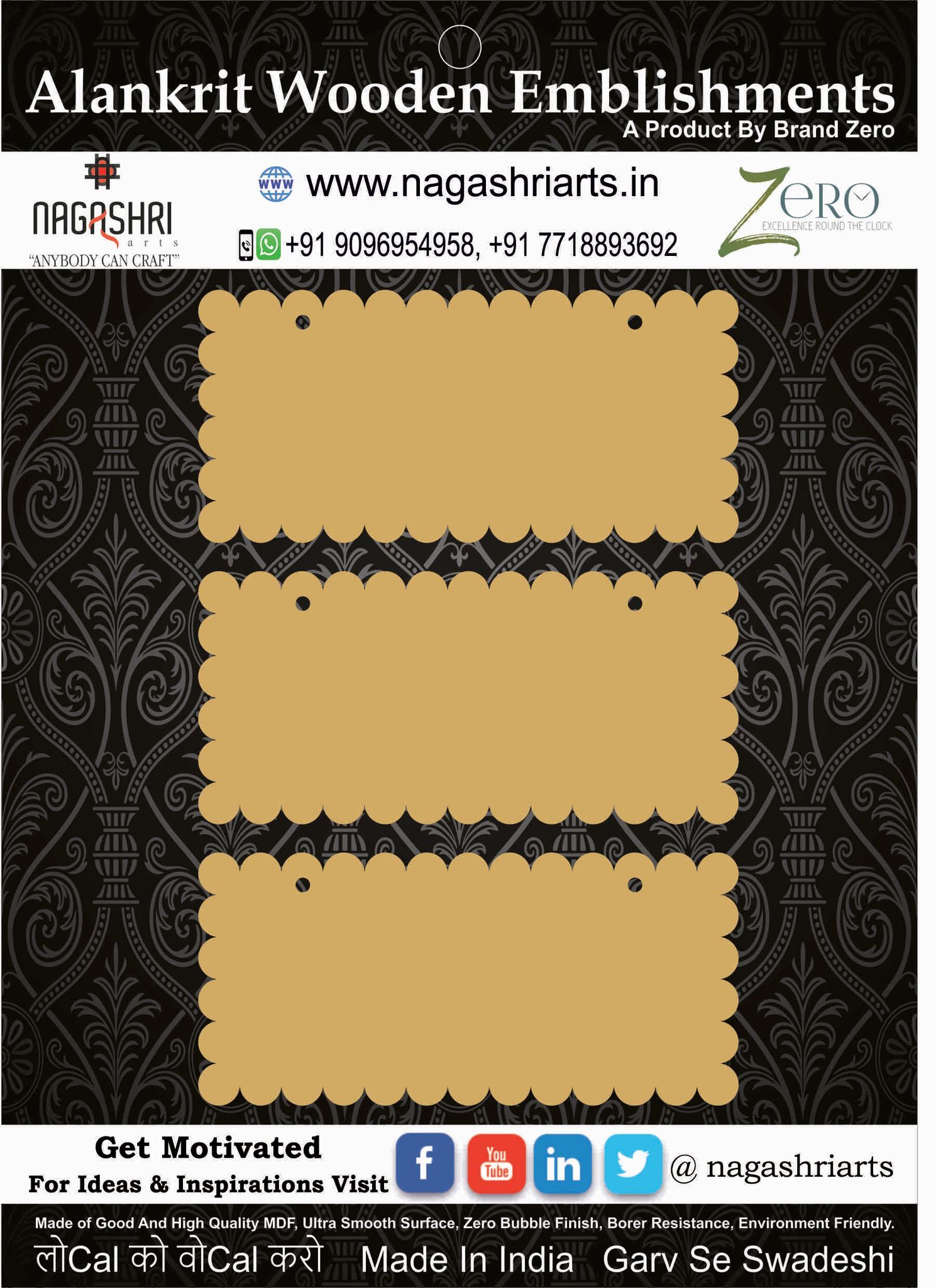 Brand Zero MDF Rectangle Scallop Name Plate - Pack of 3 Pcs