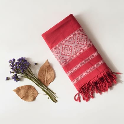 Handwoven Red Ethnic Dupatta with Geometric Embroidery