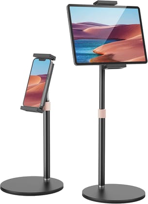 HOLD UP Tablet Stand Holder, Adjustable Height Tablet & Phone Stand for Desk, 360° Rotating Aluminum Metal Tablet Stand Mount Compatible for iPad Pro Air Mini, iPhone, Samsung, Kindle (4.7"-12.9") Black