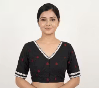 Black Cotton Printed V-Neck Elbow Sleeve Saree Blouse for Women