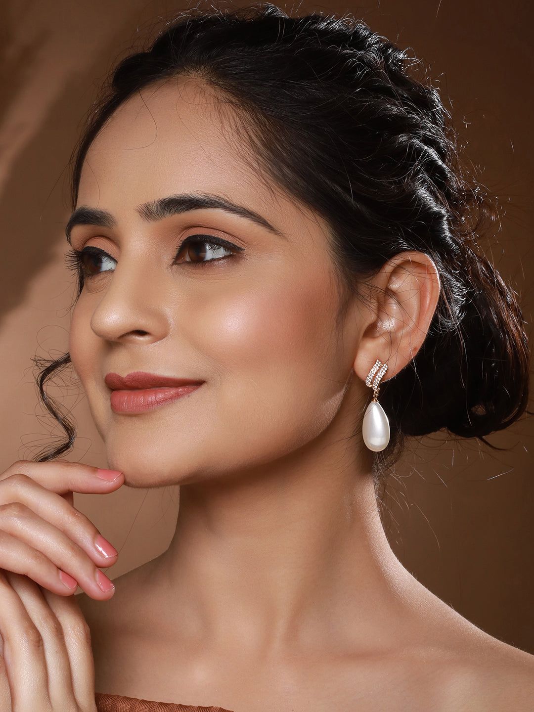 Gold Plated Tear Drop Pearl Studded Luxe Minimal Drop Earrings
