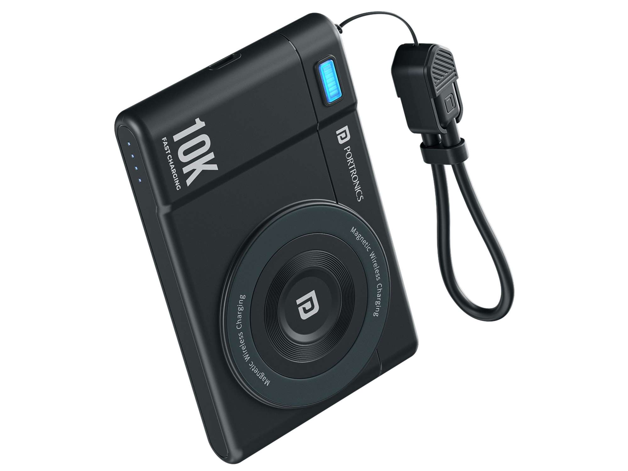 Portronics Power Shutter Air 10K 15W Wireless Output, 22.5W Wired Output,  In Built Type C Cable, Light Weight - Black