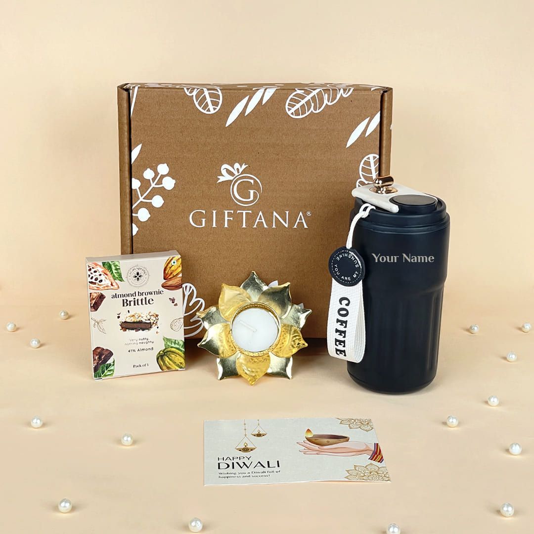 Giftana Festive Gifts Box - LED Tumbler, Lotus Diya & Almond Brownie Brittle