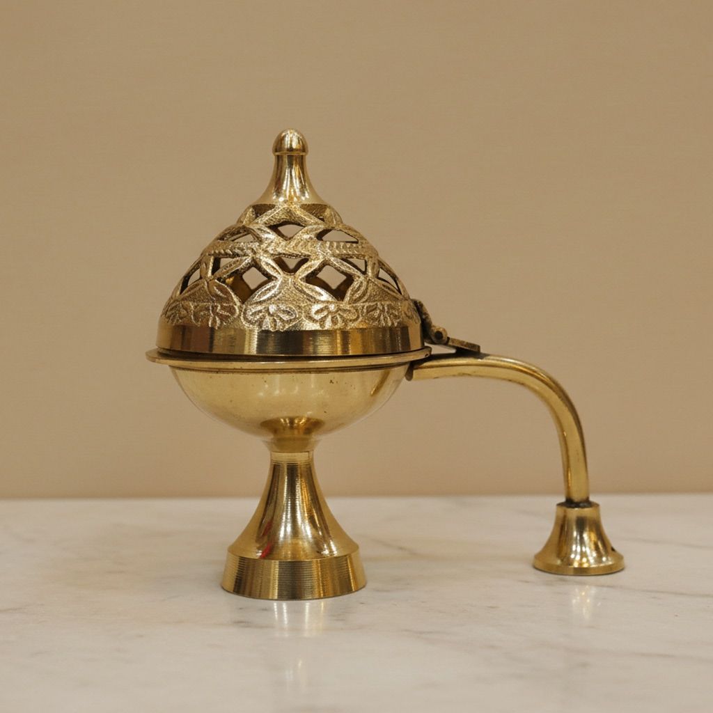 Brass Bakhoor / Dhuna / Lobaan Dan Smoke Burner | Arabic Incense Holder, Height : 4.2 Inch (ZMAS545 M)