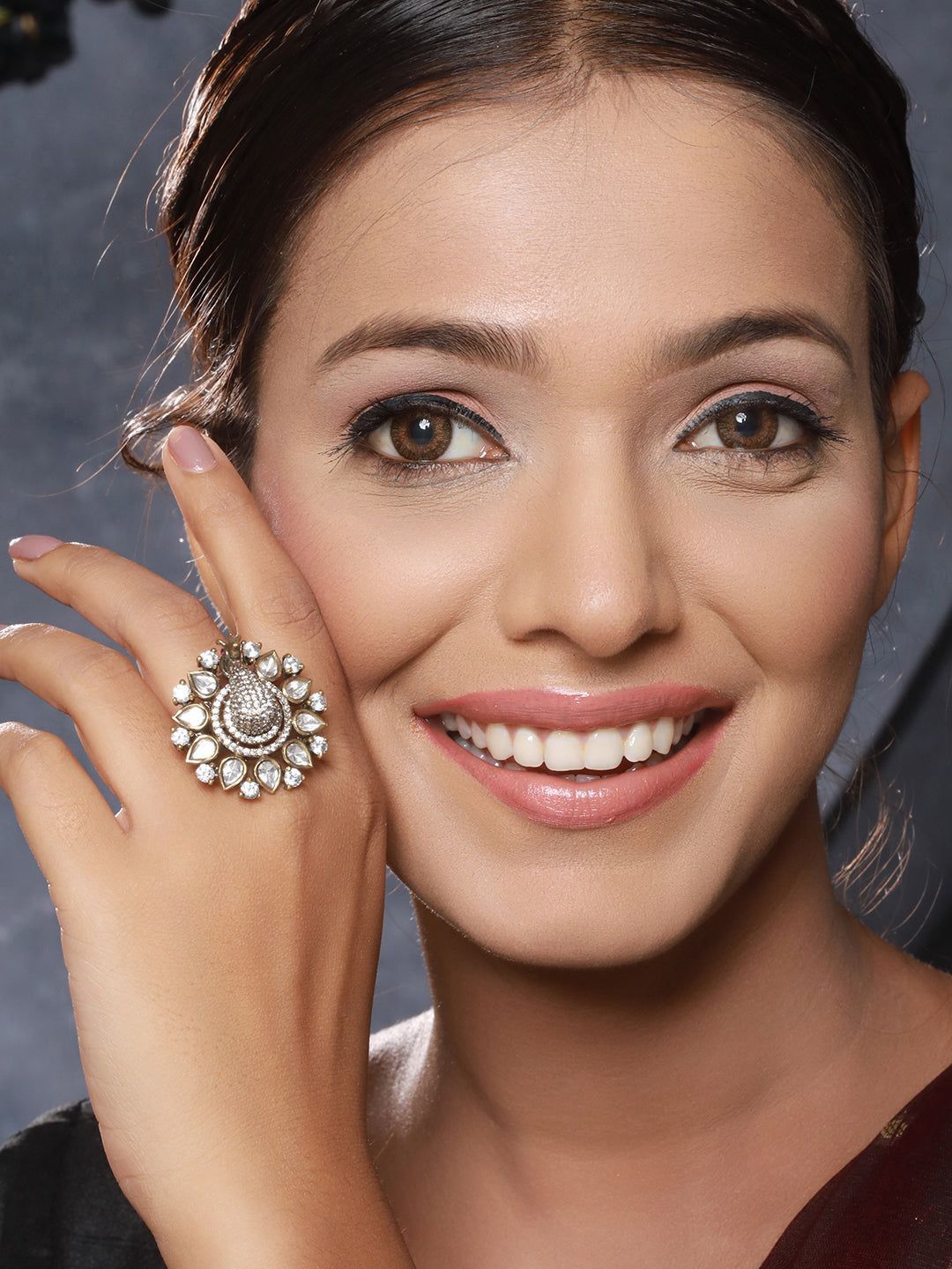 Black Gold Plated AD Kundan Peacock Finger Ring