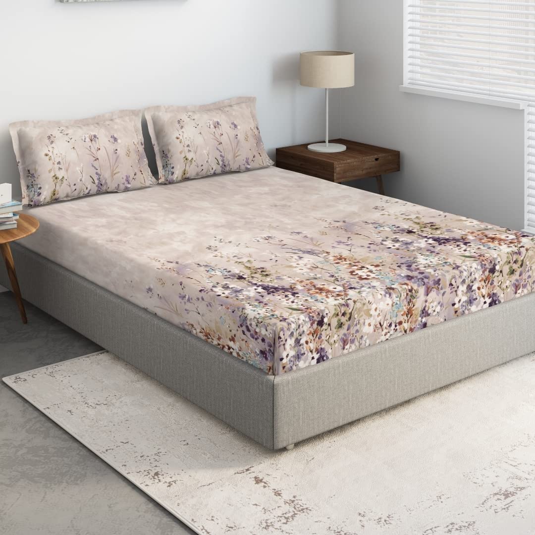 DDECOR - Primary Collection 100% Cotton Floral Pattern 136TC King Bedsheet |229 CM X 274 CM| with 2 Pillow Covers - Brown