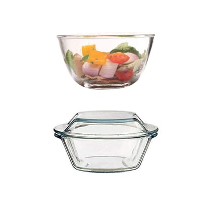 Femora Borosilicate Glass Microwave Safe Mixing Bowl (700 ML) and Casserole (1000 ML) Serving Set of 2