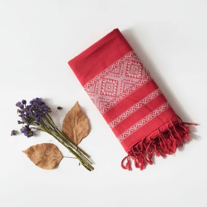 Handcrafted Red Cotton Dupatta with Geometric Patterns