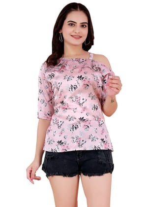 Women Pink Foil Print Regular Fit Party Wear Top with Ruffle Shoulder