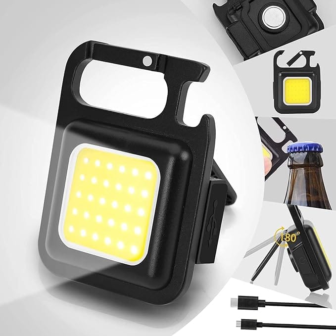 AABHA Multifunction Keychain Led Light with Bottle Opener, Magnetic Base and Folding Bracket Mini Cob 500 lumens Rechargeable Multifunctional Keychain Emergency Light Keychain (Square, Metal)