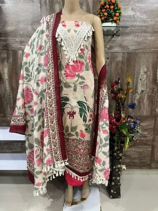 Unstitched Pure Cotton Salwar and Dupatta Material Embroidered, Floral Print