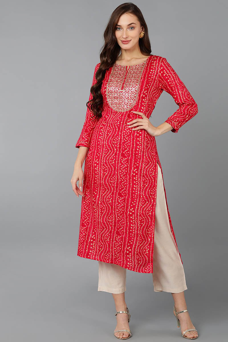 Pink Viscose Rayon Bandhani Embroidered Straight Kurta VCK9059