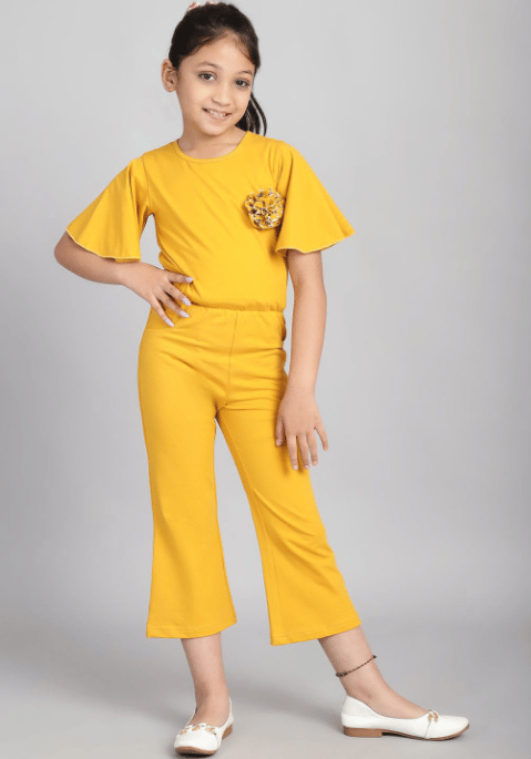 Girls Flared Sleeve Applique Basic Jumpsuit