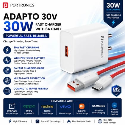 Portronics Adapto 30V 30W Fast Charger with 6A USB-A Cable | SuperVOOC, VOOC, Warp, Dash, Flash, Turbo & Quick Charge Wall Adapter | Fast Charging for OnePlus, OPPO, Realme, Vivo & Android Smartphones | BIS Certified (Random Color)