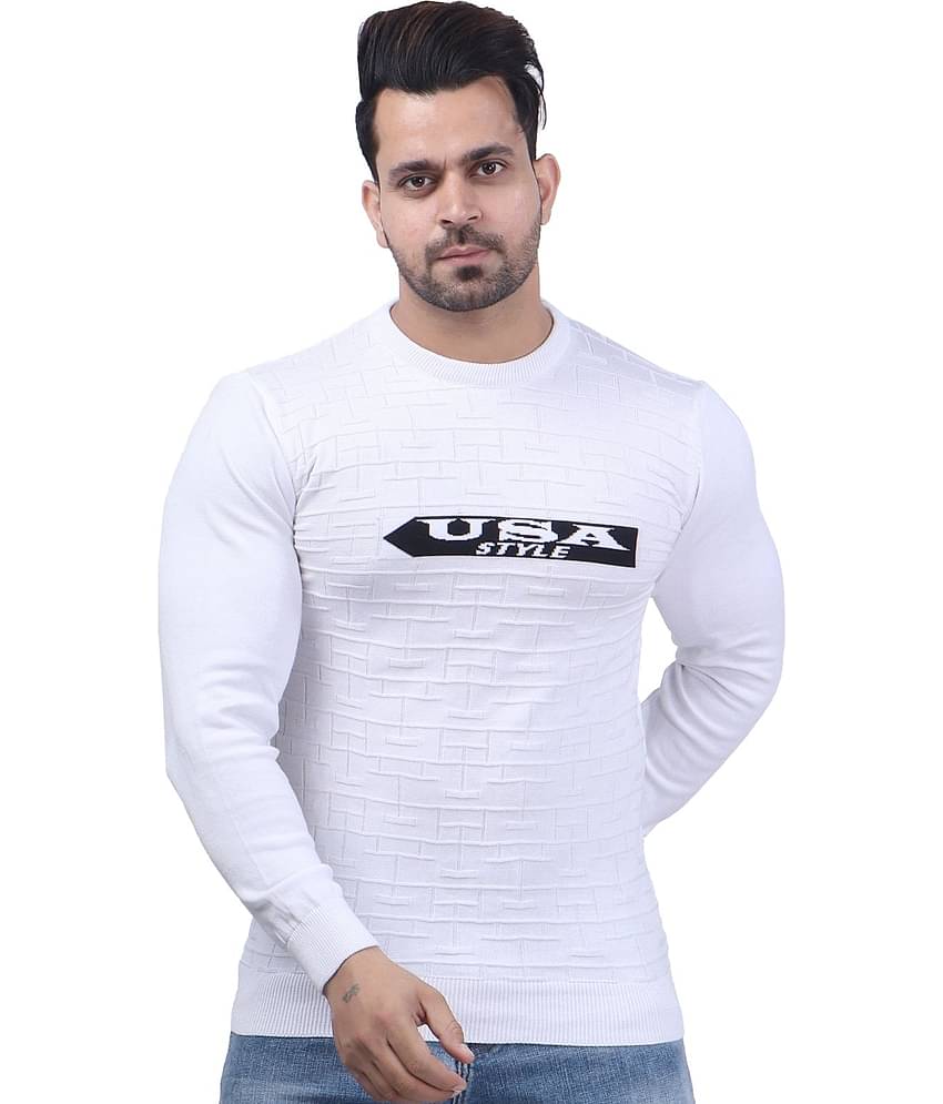 FEVERFEW Cotton Blend Round Neck Men's Full Sleeves Pullover Sweater - White ( Pack of 1 )