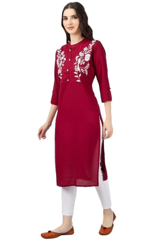 Women's Embroidered Calf Length Rayon Kurti (Maroon, S)-PID46336