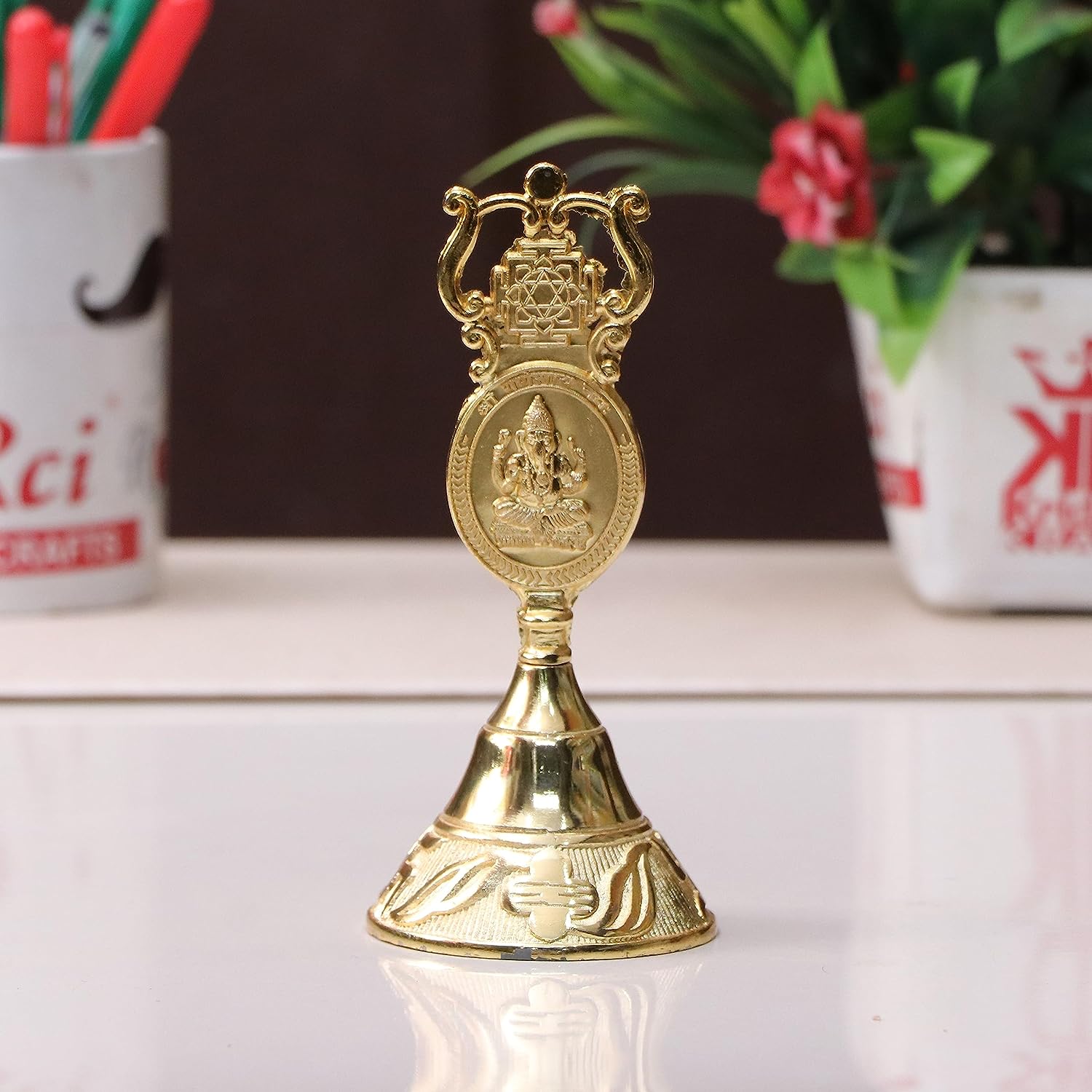 DreamKraft Gold Plated Antique Kuber Ghanti with Kuber Laxmi and Ganesh Emboss - Handcrafted Puja Bell