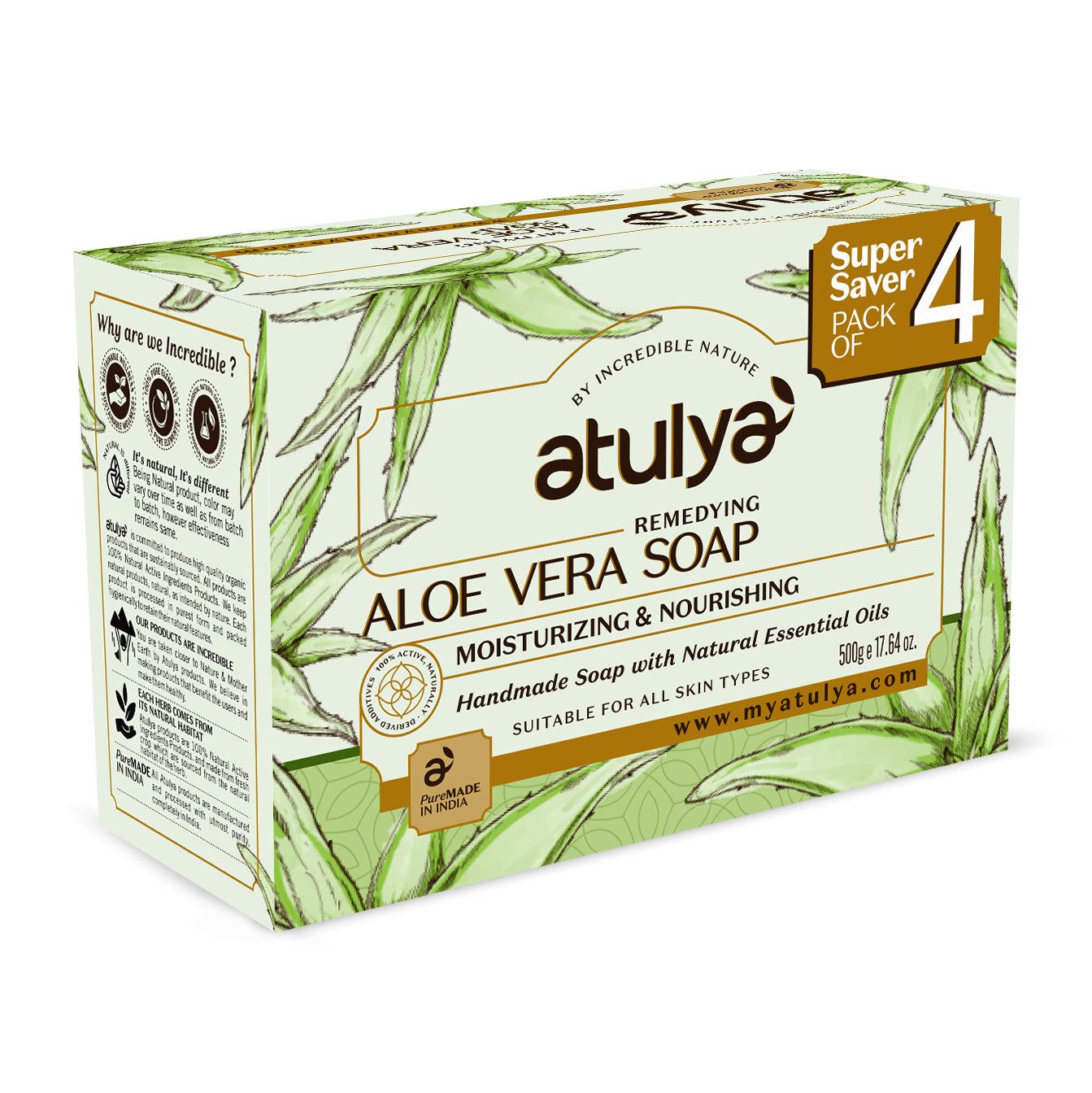 Atulya Aloe Vera Soap | Noursishing and Moisturising (Pack of 4) - 300 gm