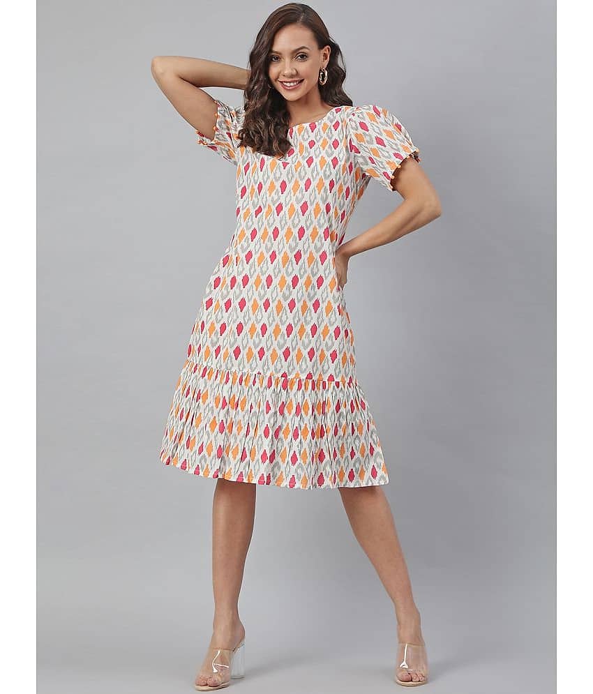 Janasya Women Cotton Printed A-line Dress ( Off White )