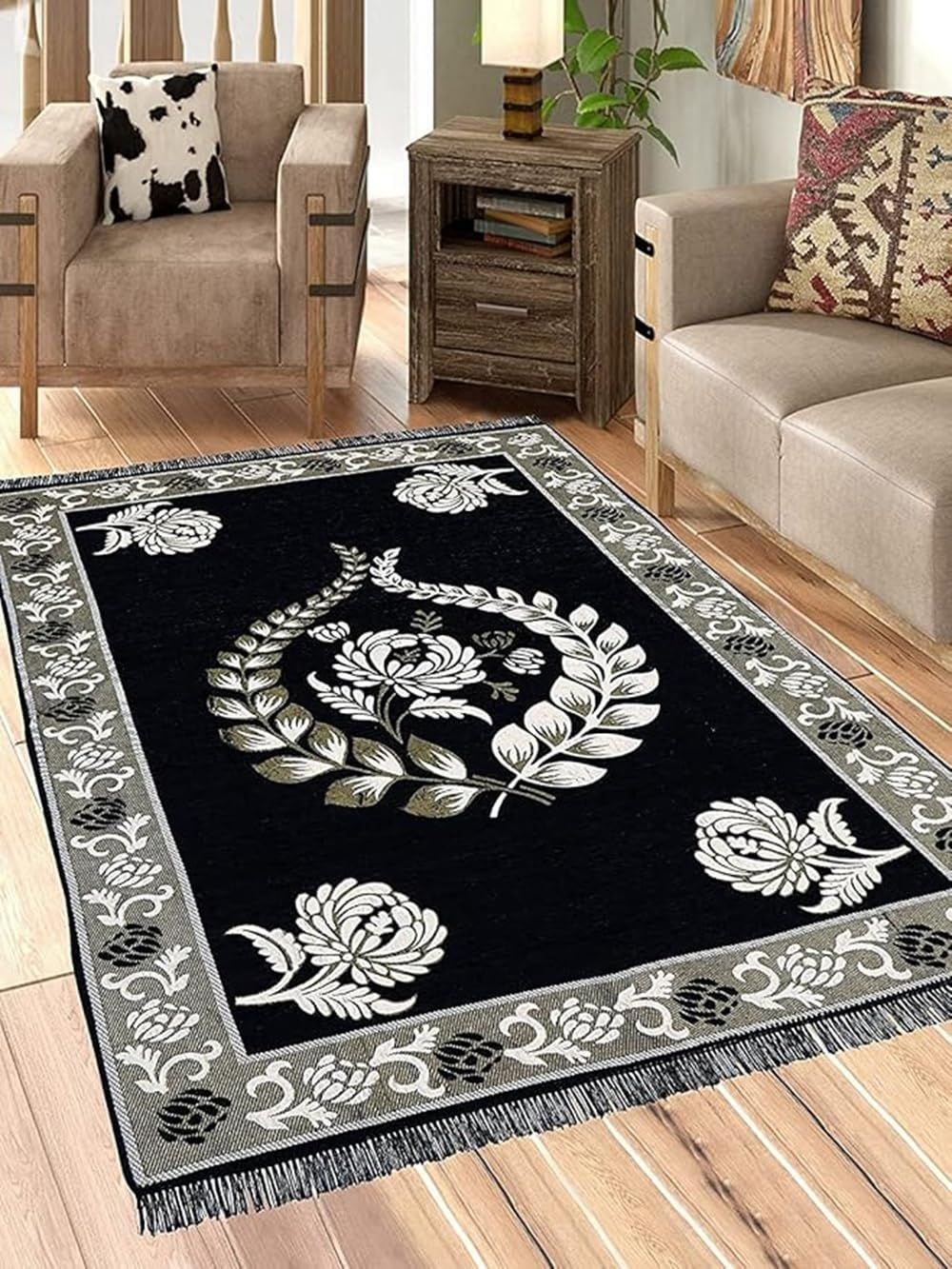 RADECOR Floral Design Sleek and Spacious Rectangular Chenille Carpet with Binding | Area Rug | Durries for Living Room, Bedroom |5X7 Feet (210 Cmx152 Cm)