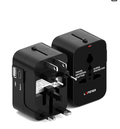 Lapster Universal Travel Adapter with Type C Travel Essentials Accessories with 1 USB, 1 USB-C with 2.4A , All in One International Travel Fast Charging Adapter, Suitable for 200+ Countries US,UK,EU,AUS,Etc(Black)