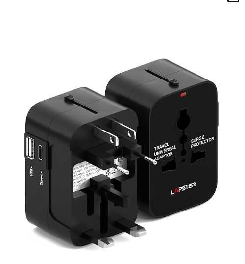 Lapster Universal Travel Adapter with Type C Travel Essentials Accessories with 1 USB, 1 USB-C with 2.4A , All in One International Travel Fast Charging Adapter, Suitable for 200+ Countries US,UK,EU,AUS,Etc(Black)