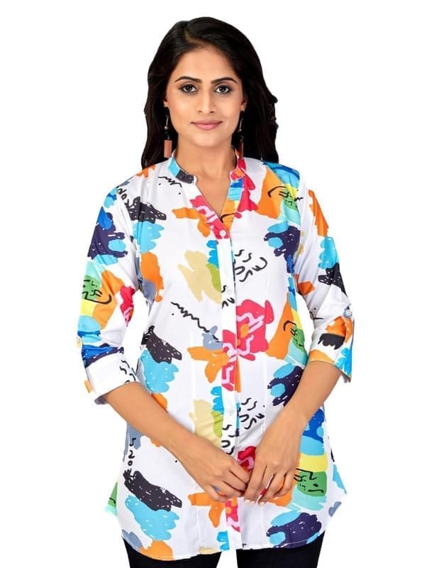 Women's Poly Crepe Mandarin Collar 3/4 Sleeves Short Top (Multicolor, M)-PID56267