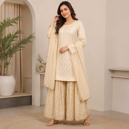Off-White Cotton Kurti with Sharara-Palazzo Set