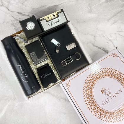 Personalized 7-in-1 Desk Organizer Set with Diary, Flask Bottle, Pen Drive, Mobile Stand, Card Holder, Keychain - Black