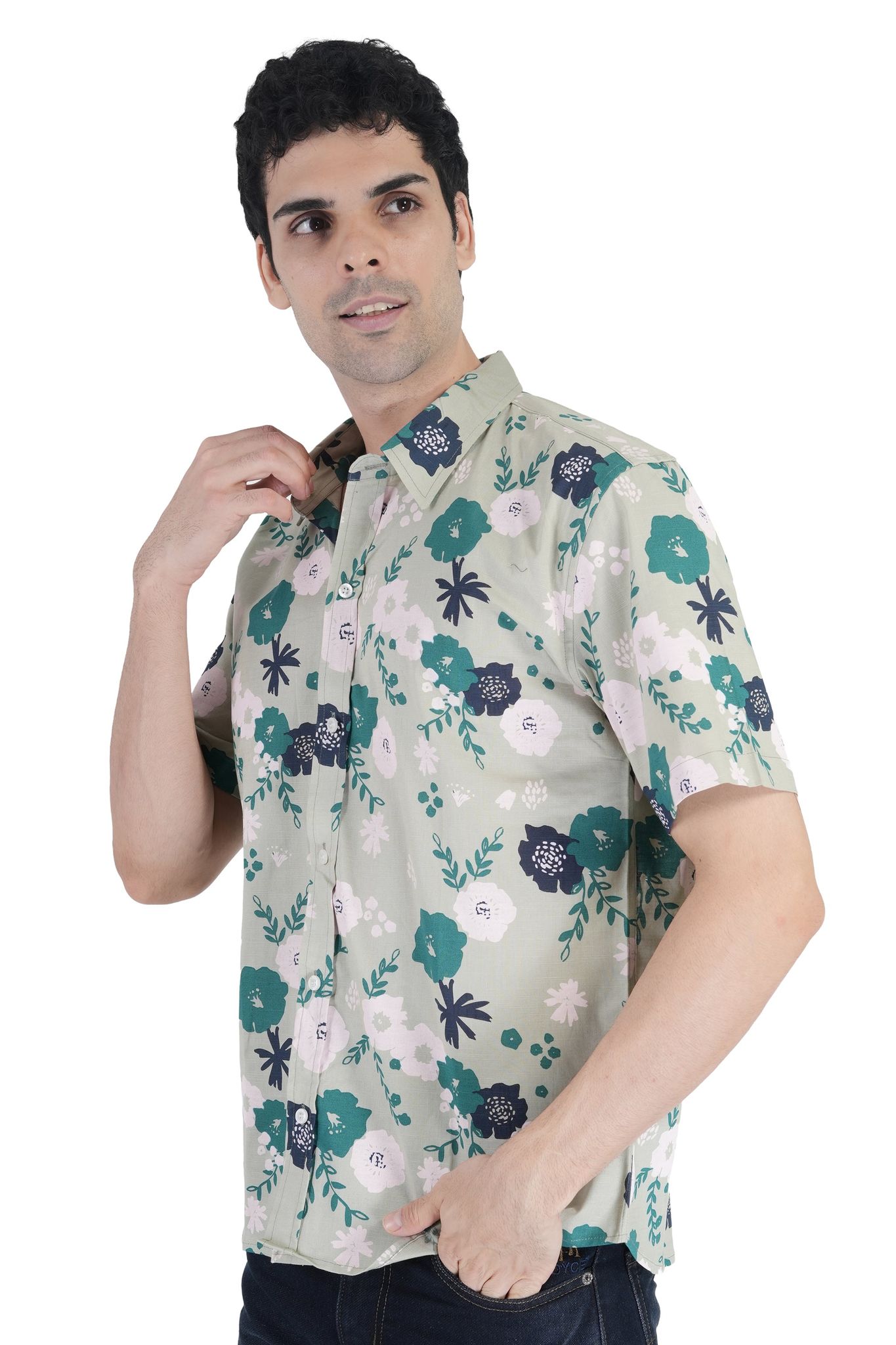 Floral Printed Light Green Spread Collar Pure Cotton Casual Shirt