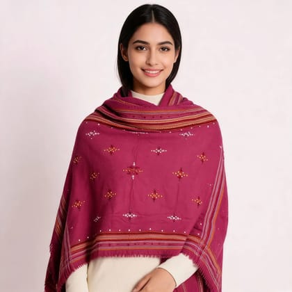 Magenta Woolen Geometric Shawl For Women