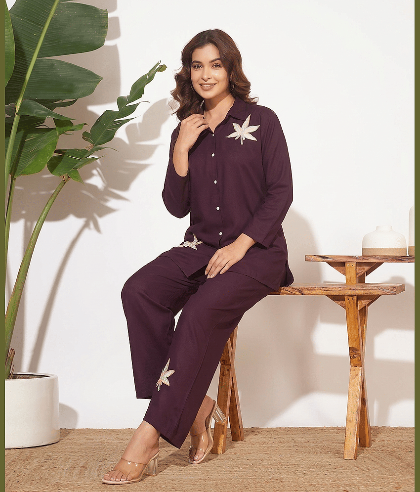 Canblar Women Embroidered Shirt With Palazzos Co-Ord Set ( Purple )