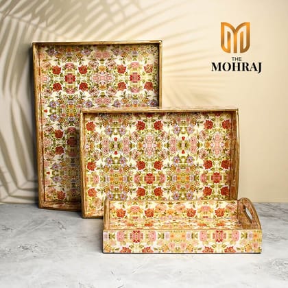 The Mohraj Vibrant Floret MDF Trays with Curved Handles and Gold Foil Finish Set of 3 The Mohraj Vibrant Floret MDF Trays with Curved Handles and Gold Foil Finish Set of 3