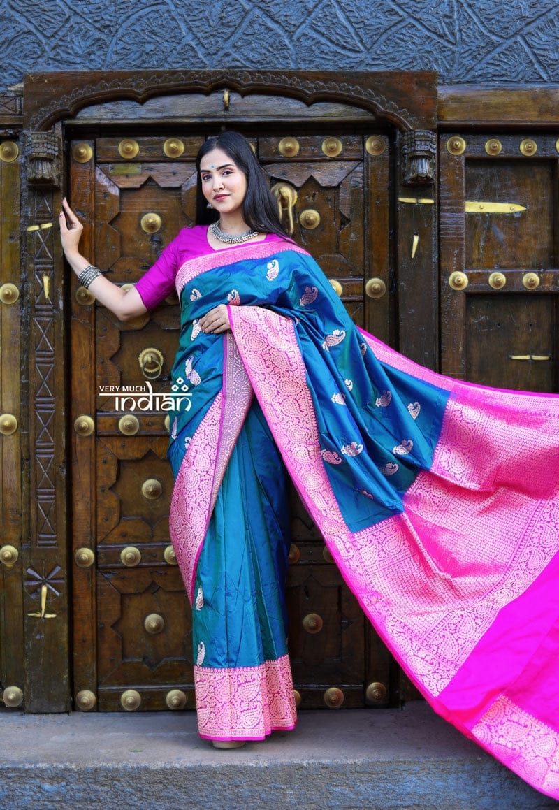 Utsaav - Banarasi Katan Silk in Blue with Hot Pink Border