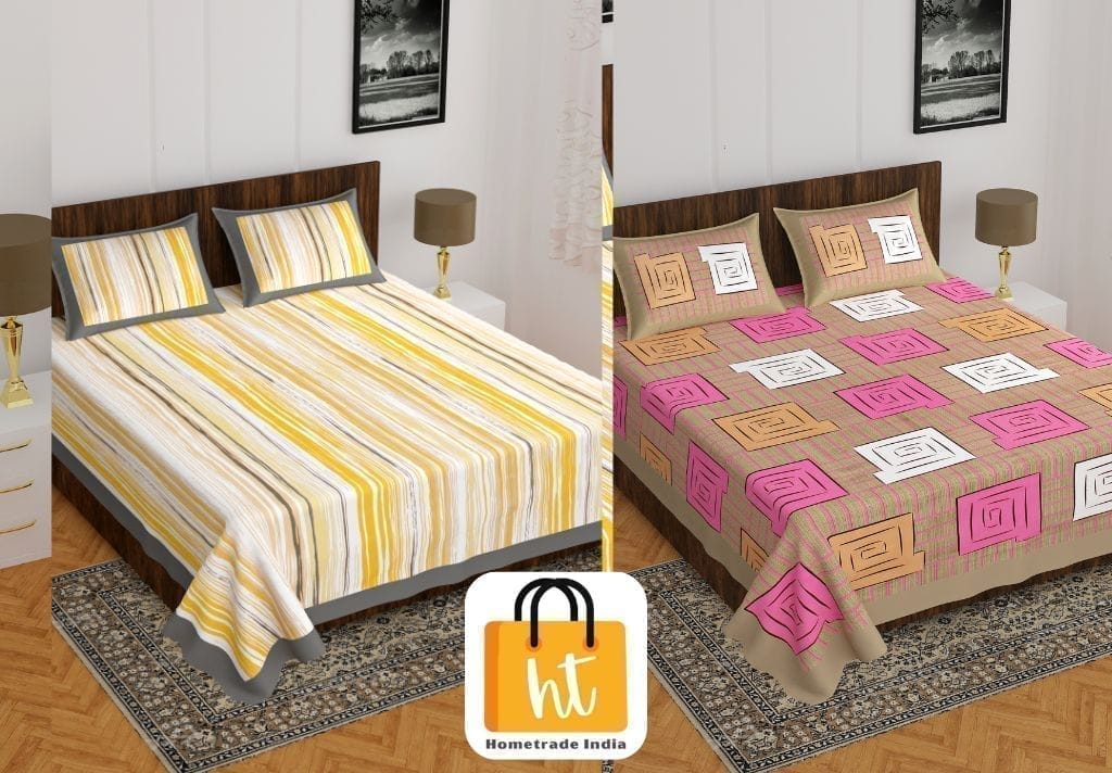 3001-Hometrade India-Standard King Size (90*108 Inches) Double Bedsheet With 2 Pillow Cover-RJ-14-Jaipur lining-3412