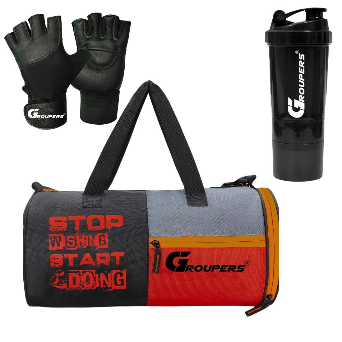 GROUPERS Duffel Bag l Gym Bags l Gym Gloves l Gym Shaker Bottle-500 ML