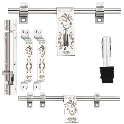 BUCKLER Stainless Steel Premium Door Kit (Pack of 6) - 10-Inch Aldrop, Latch, 2 Handles, Tower Bolt & Stopper - Glossy Finish with Designer Brown Chevron Inlay (Ganesha-1)