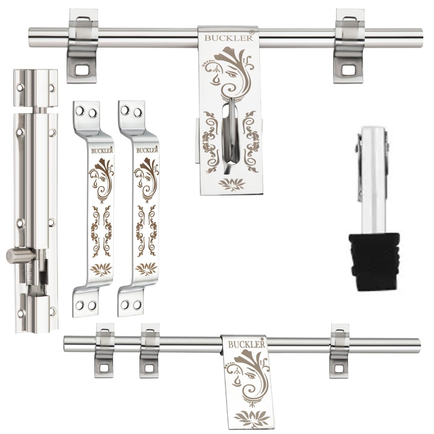 BUCKLER Stainless Steel Premium Door Kit (Pack of 6) - 10-Inch Aldrop, Latch, 2 Handles, Tower Bolt & Stopper - Glossy Finish with Designer Brown Chevron Inlay (Ganesha-1)