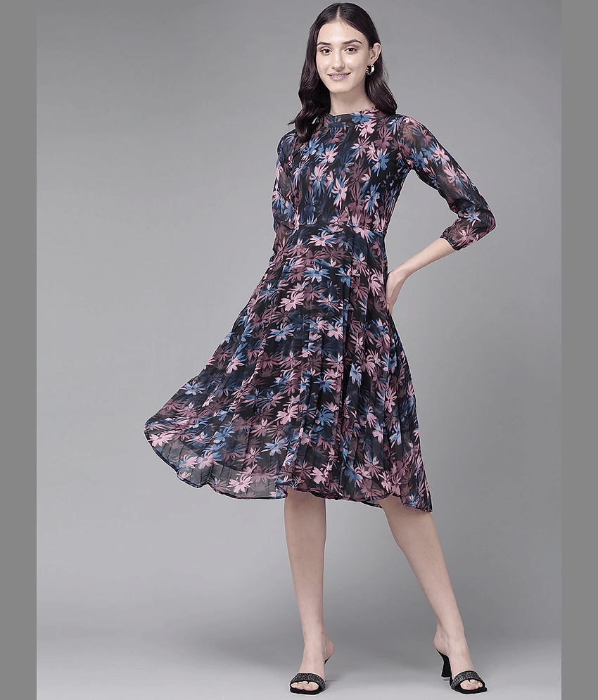 Aarika Women Georgette Printed Fit & Flare Dress ( Black )