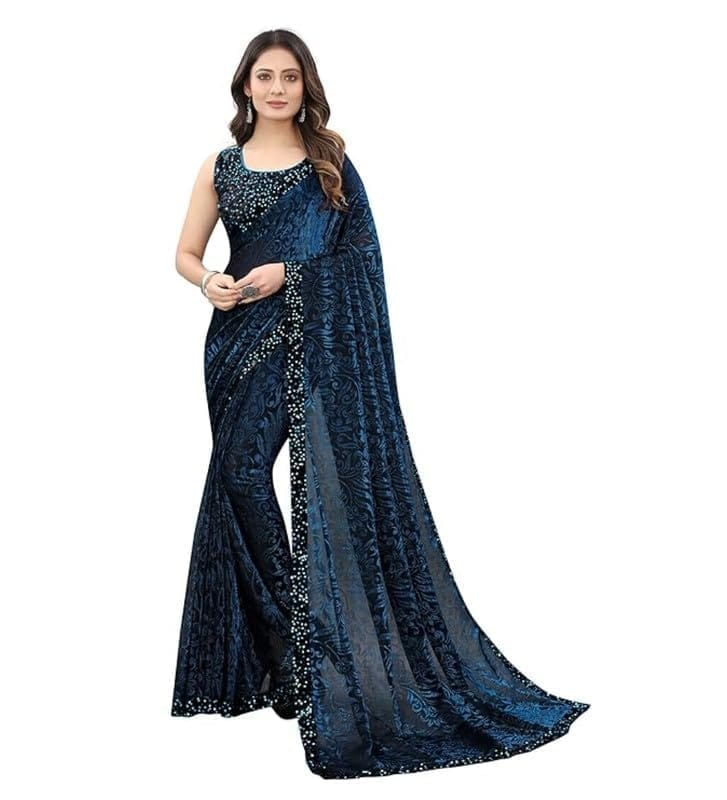 Women's licra Floral Saree With Unstitched Blouse (Blue)-PID53551