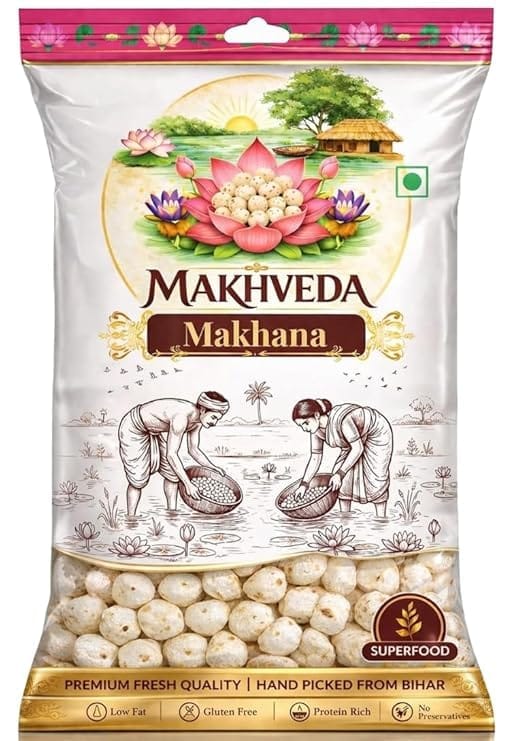 MAKHVEDA -  Makhana | Premium 5+ Suta Hand Picked Phool Makhana | Healthy Fasting Snack | Fox Nuts | Lotus Puffs | Desi Superfood