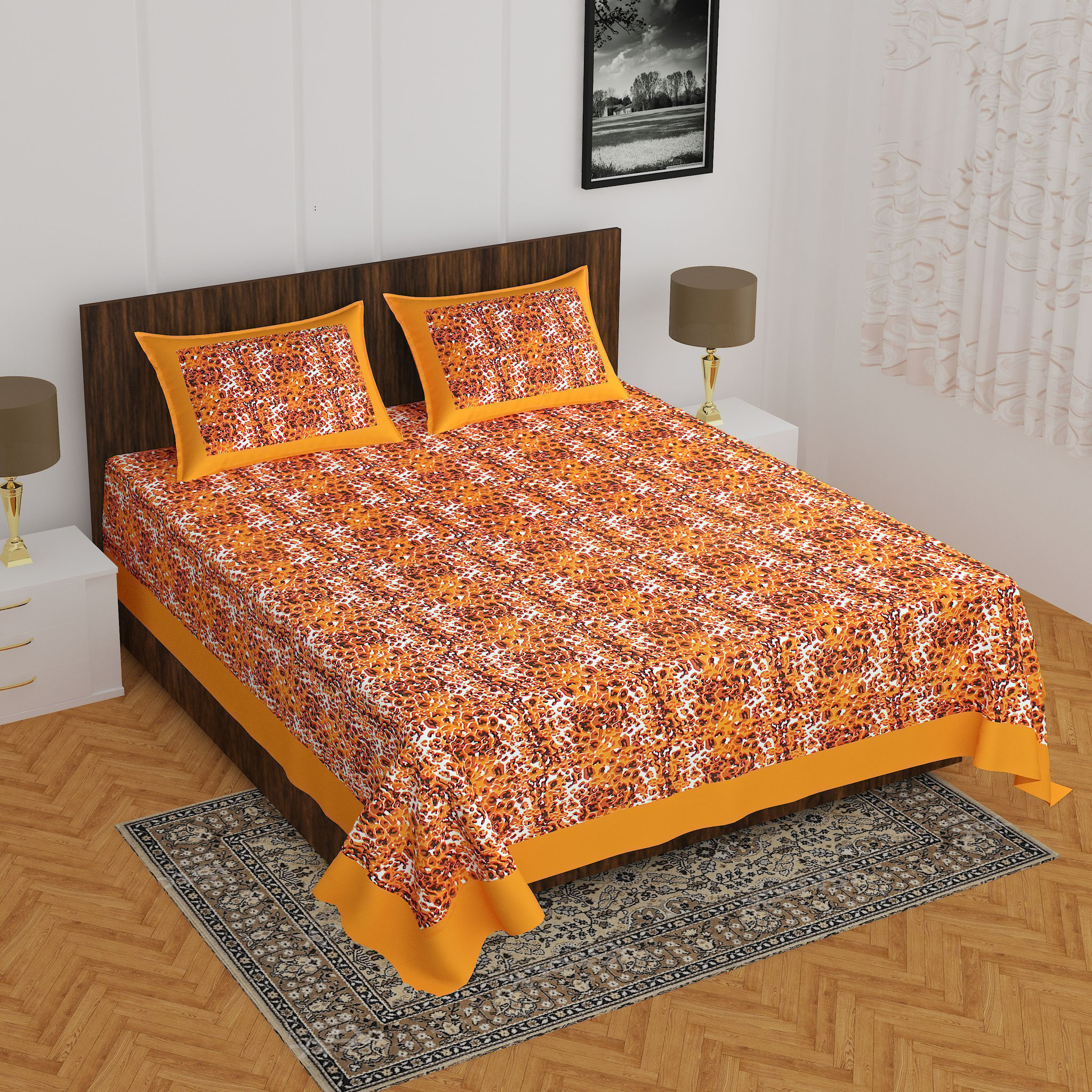 3001-Hometrade India-Standard King Size (90*108 Inches)-Pure Cotton Jaipuri Double Bedsheet With Matching Pillow Cover
