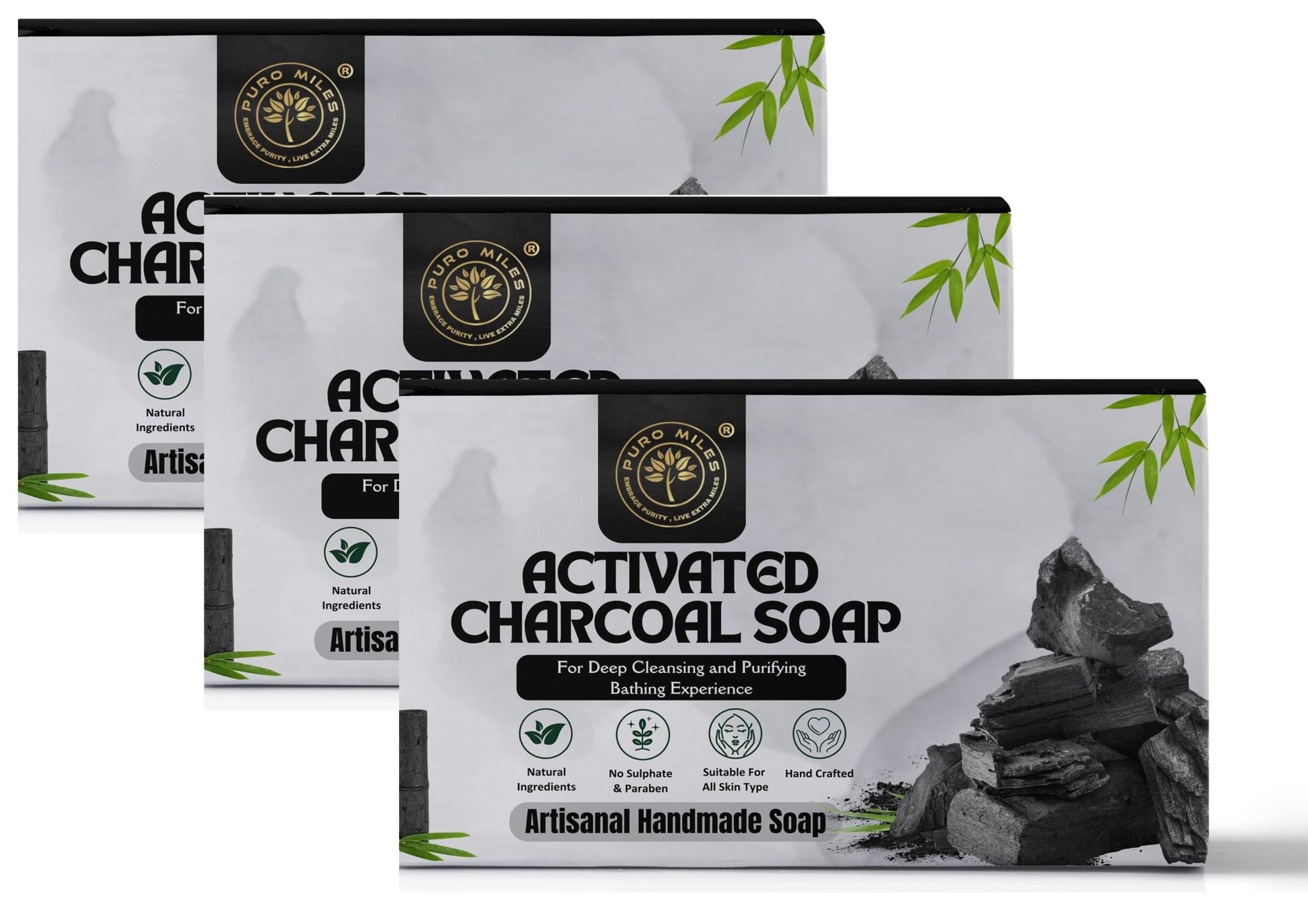 Puro Miles Handmade Bath Soap | Organic & Natural |Activated Charcoal & Shea Butter Soap | Paraben & SLS Free | Enriched with Essential Oils and Vitamin E