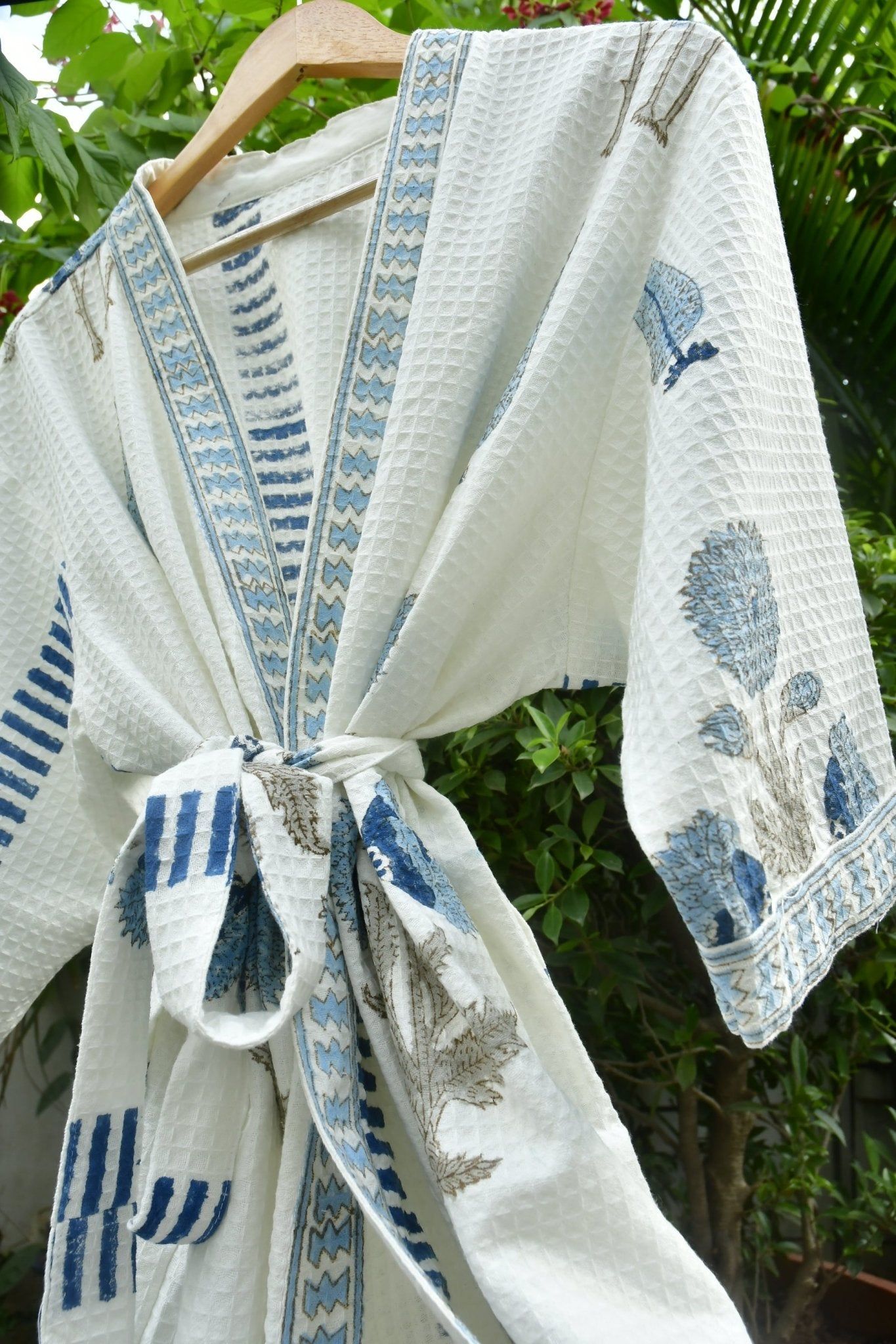 Blue Poppy and Cypress leaf Waffle Bathrobe