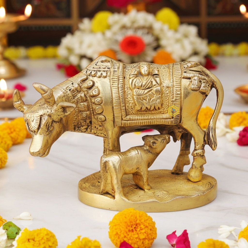 Brass Cow with Base Statue - Traditional Temple Decor, Height : 3.6 Inch (BSMAS890 A)