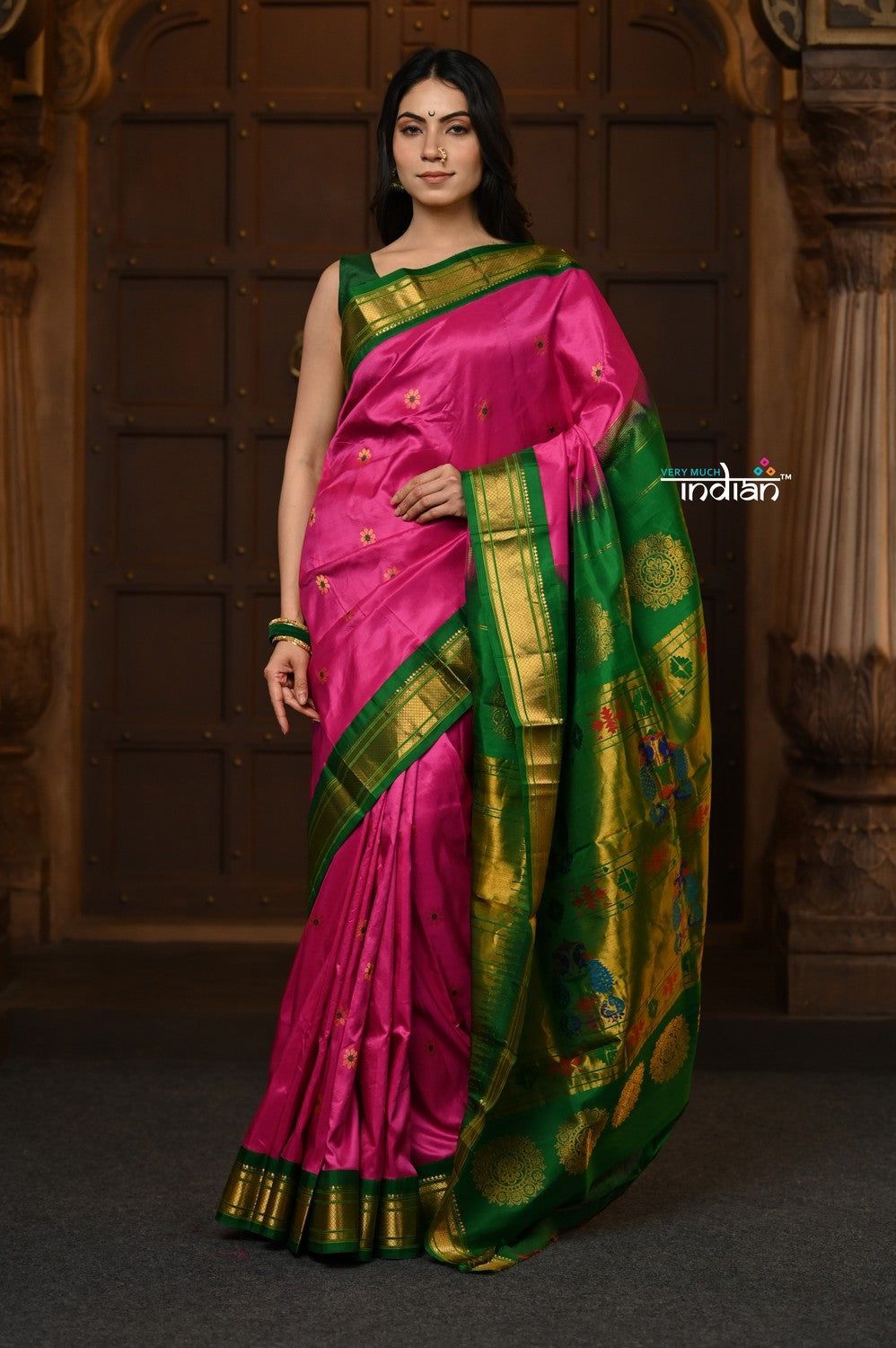 Parampara Revival ~ Handloom Pure Silk Maharani Paithani with Majestic Maharani Pallu in Rose Pink