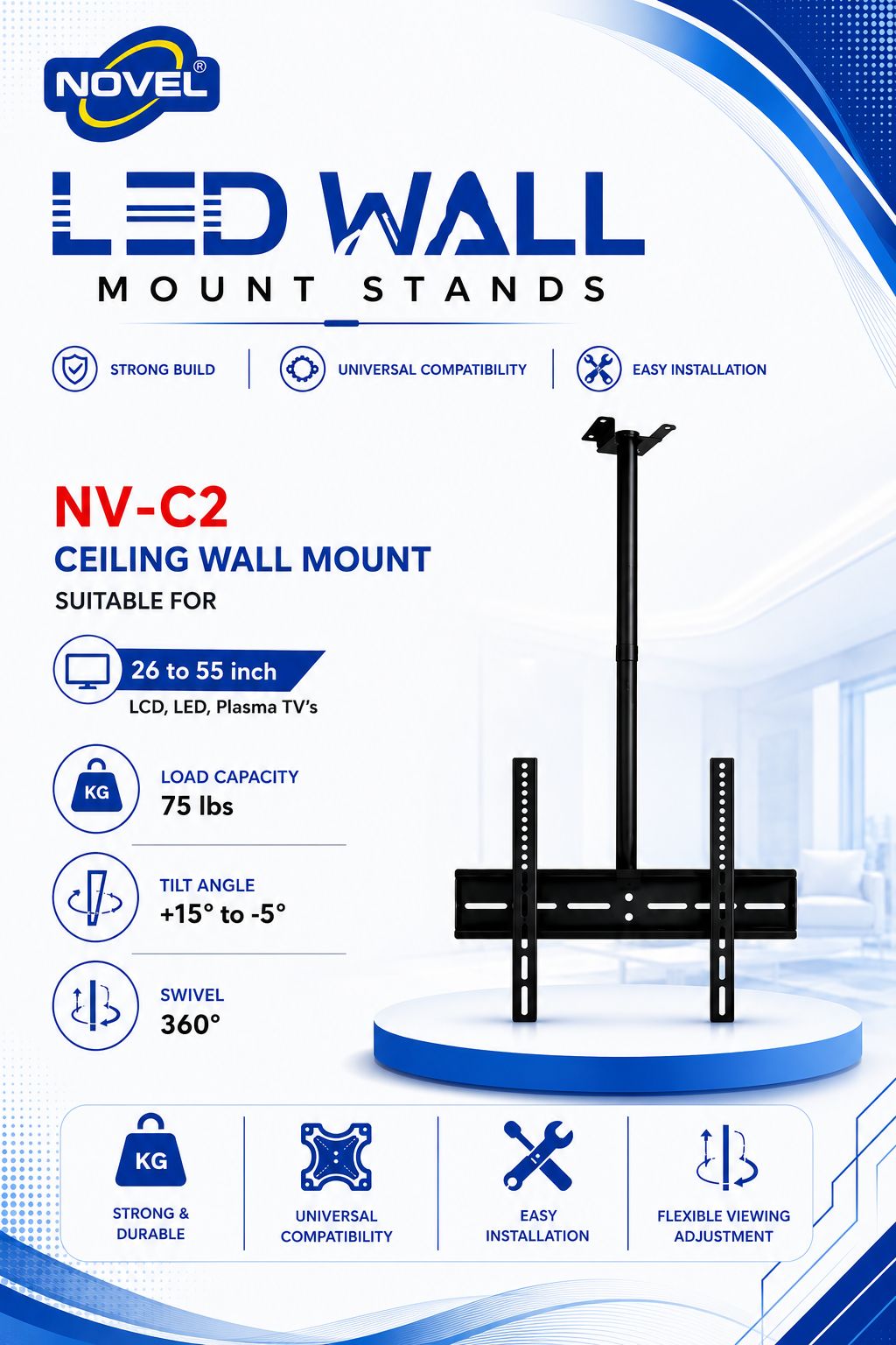 NOVEL NV-C2 26–55 Inch Universal LED/LCD/Plasma TV Wall Mount Stand – Suitable for Home, Office, Classroom, Hotel & Commercial Use